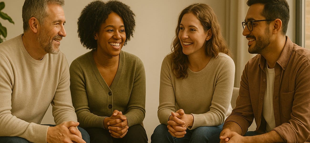 A diverse group of people sitting in a circle, sharing stories with warm, understanding expressions, representing the supportive community aspect of financial wellness and therapy