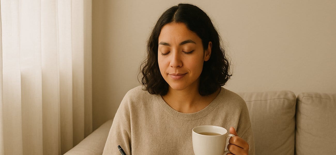 A person sitting peacefully with a journal and cup of tea, surrounded by soft natural lighting, representing the calm and mindful approach to understanding stress spending patterns
