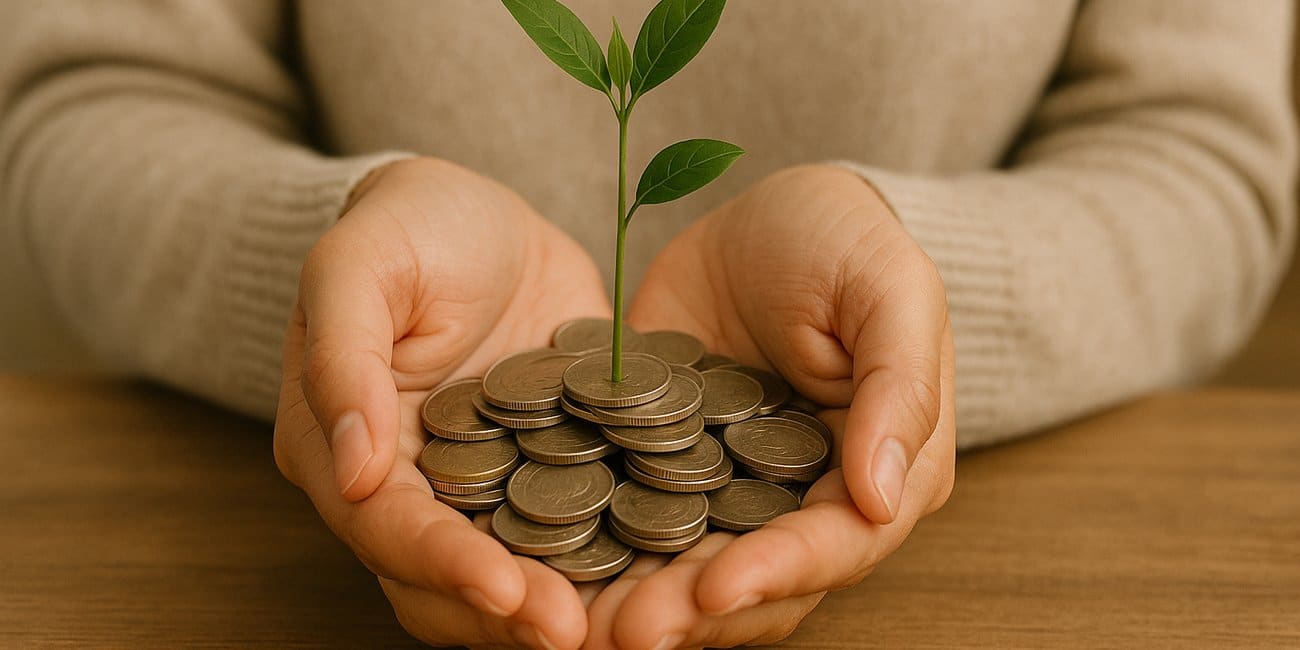 Hands gently holding a small plant sprouting from coins, symbolizing the nurturing growth of healthy financial habits and self-understanding